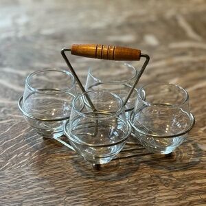 MCM Libbey Glass Caddy with Wood Handle and a Set of 4